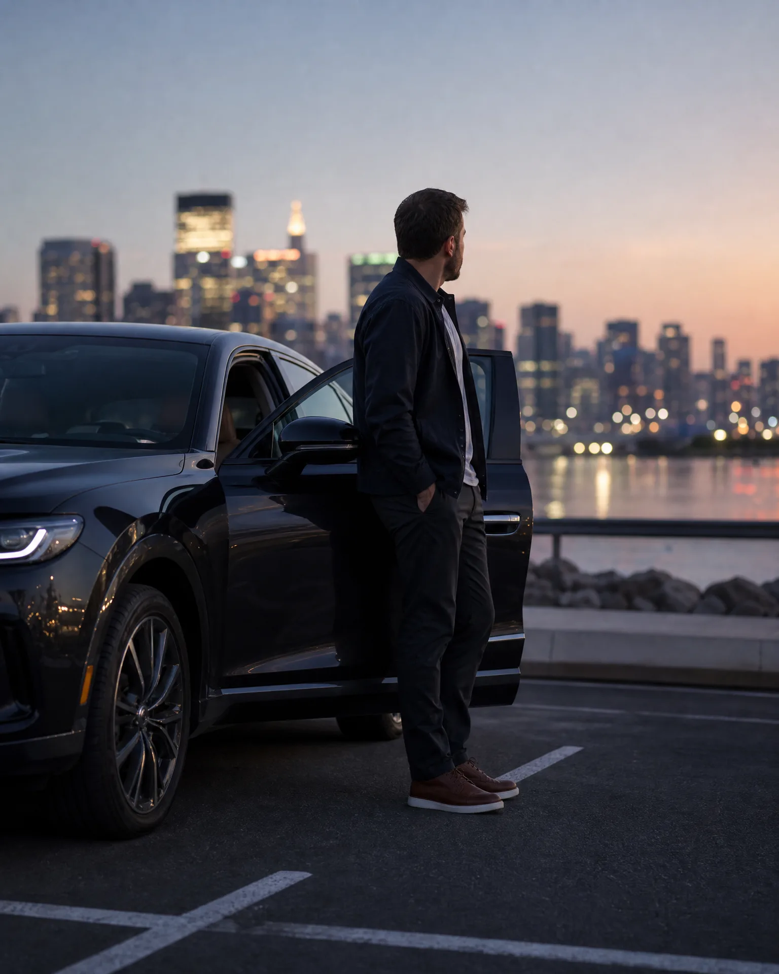 A man in a dark jacket stands beside a dark SUV with an open rear door in a waterfront parking lot, facing a city skyline at dusk.