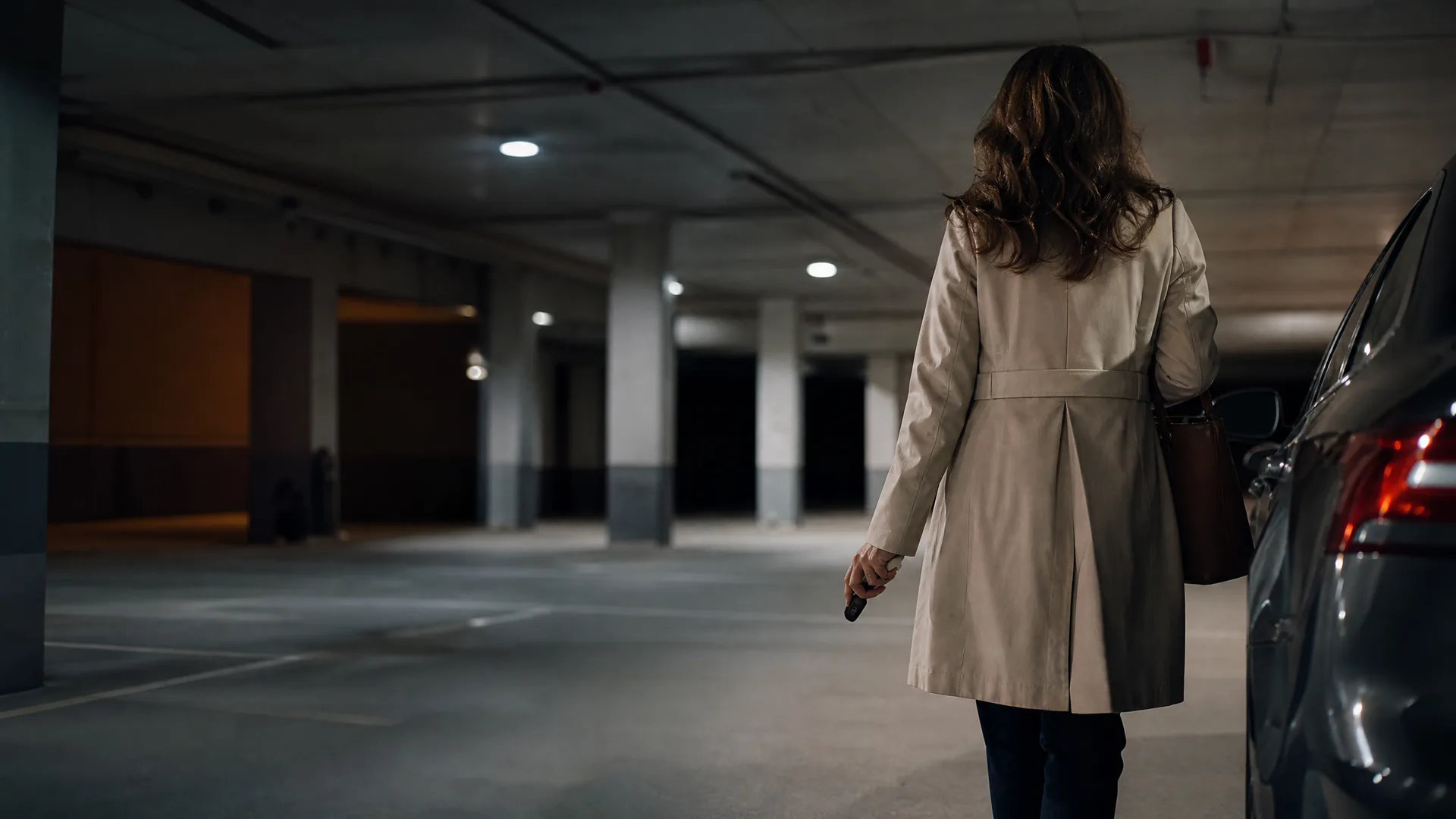 A woman in a beige trench coat with a shoulder bag walks away from the camera through a dim concrete parking garage, holding a key fob, with a dark car at the right edge.