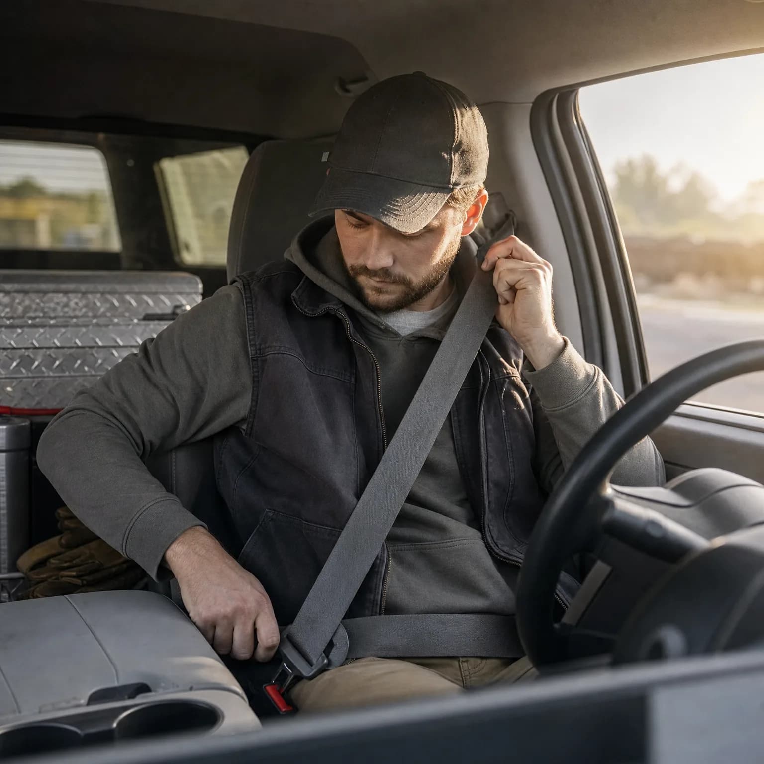 A bearded man in a dark cap, hoodie and work jacket sits in a truck's driver seat, pulling the seat belt across his chest toward the buckle.