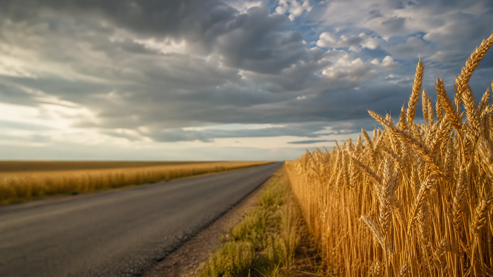 A straight asphalt road runs toward a flat horizon beside a field of ripe wheat under a cloudy sky.