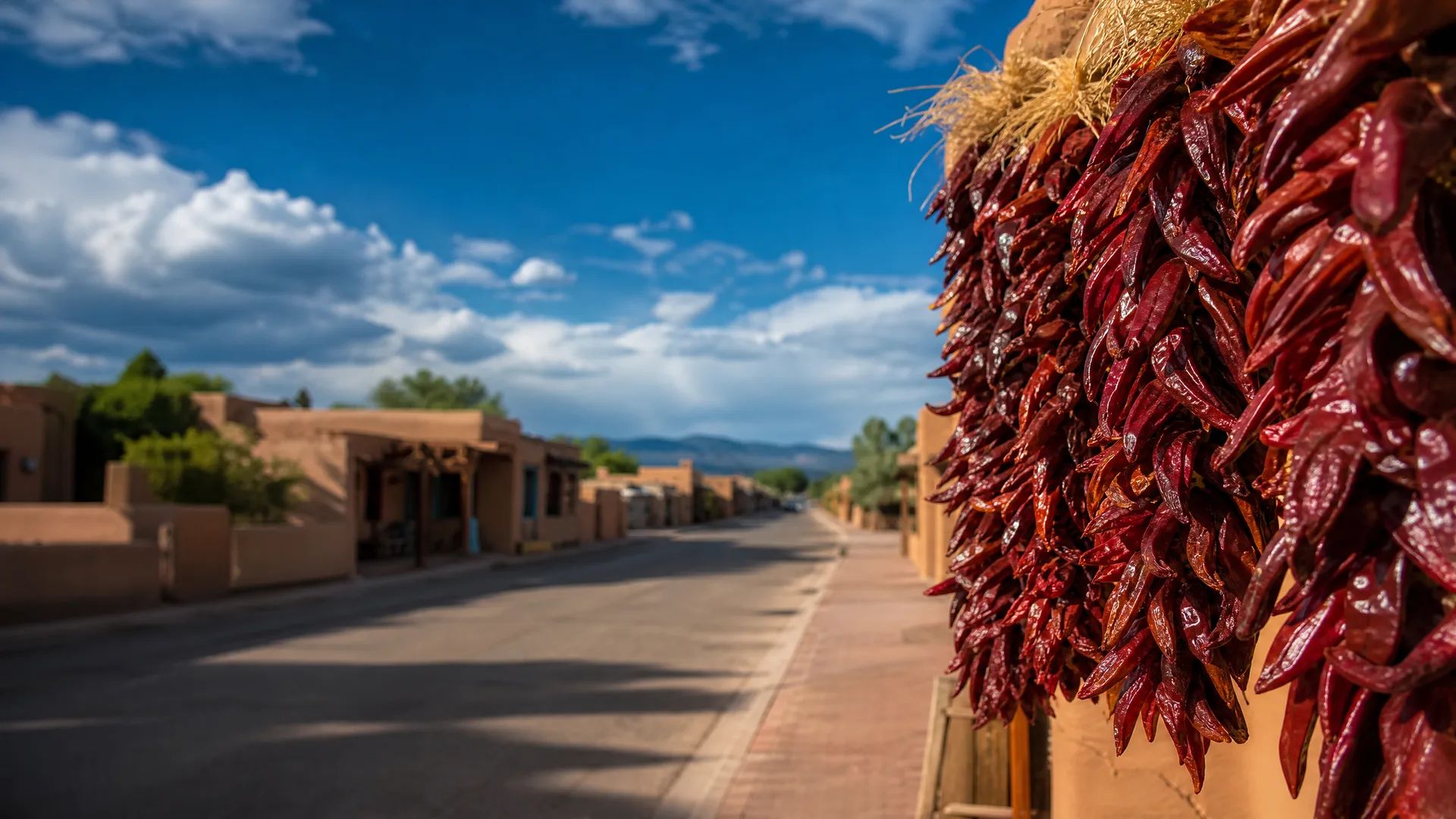 Strings of dried red chile pods hang in the right foreground beside a stucco wall, with an empty street lined by low adobe-style buildings and distant hills under a blue sky with clouds.