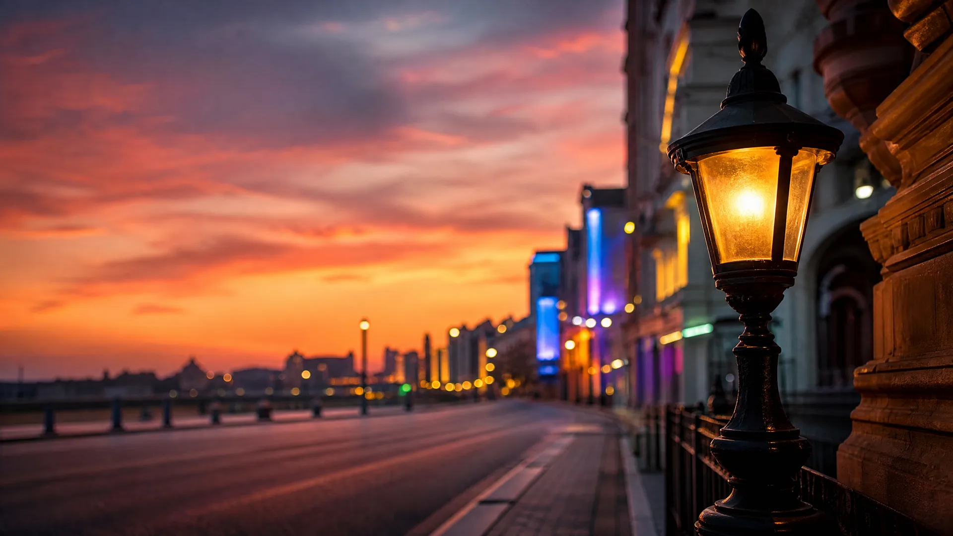 A lit ornate street lamp in sharp focus beside a railing on a promenade, with a blurred empty road, distant illuminated buildings and an orange and purple sunset sky.