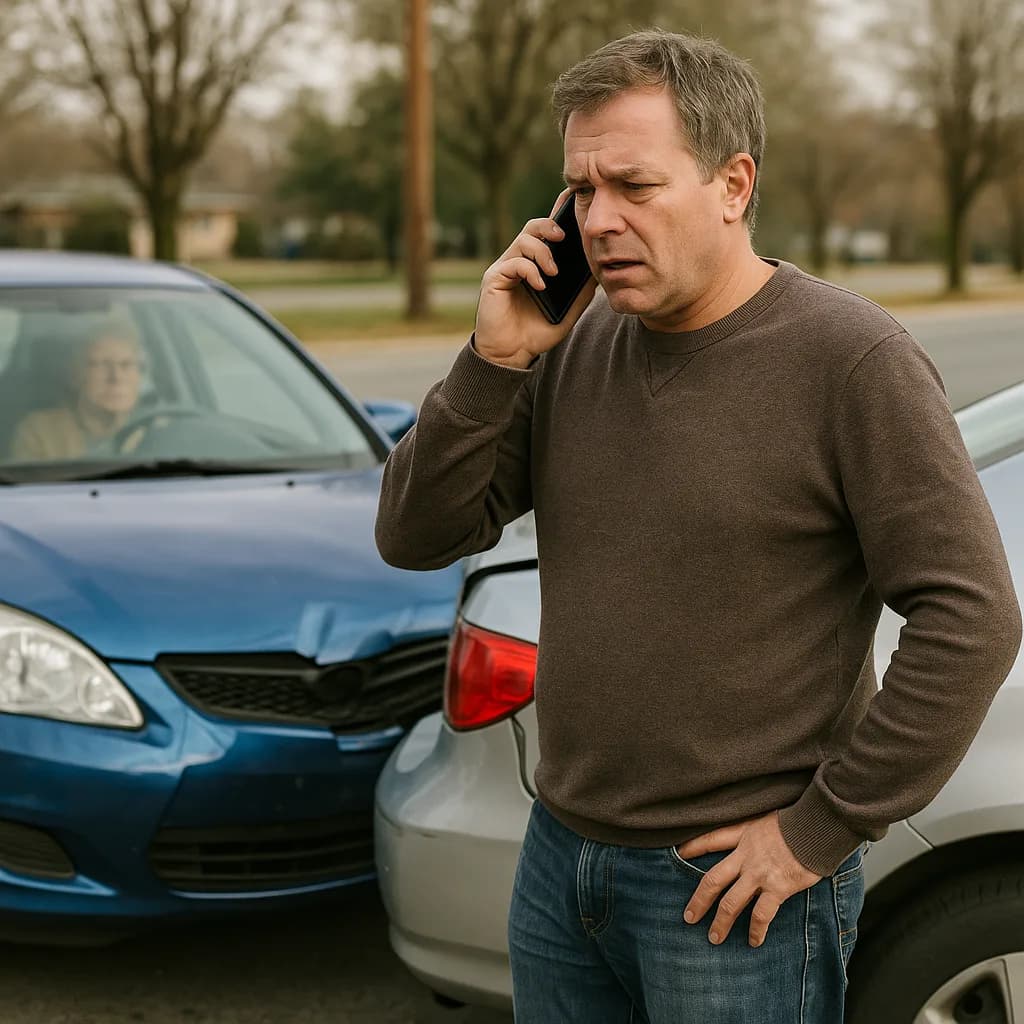 Man on phone call standing between two cars after minor traffic accident on suburban street
