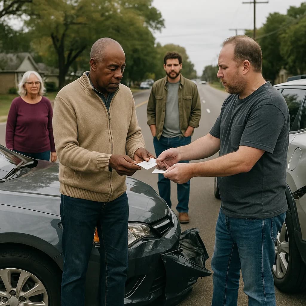 Two men exchanging information after car accident on residential street with witnesses in background