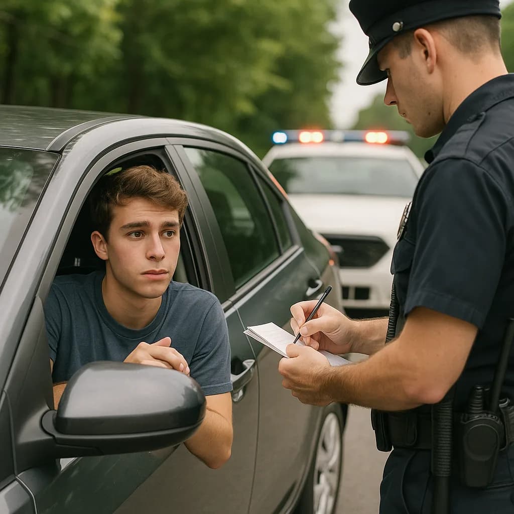 Police officer writing ticket during traffic stop while speaking to young driver in car