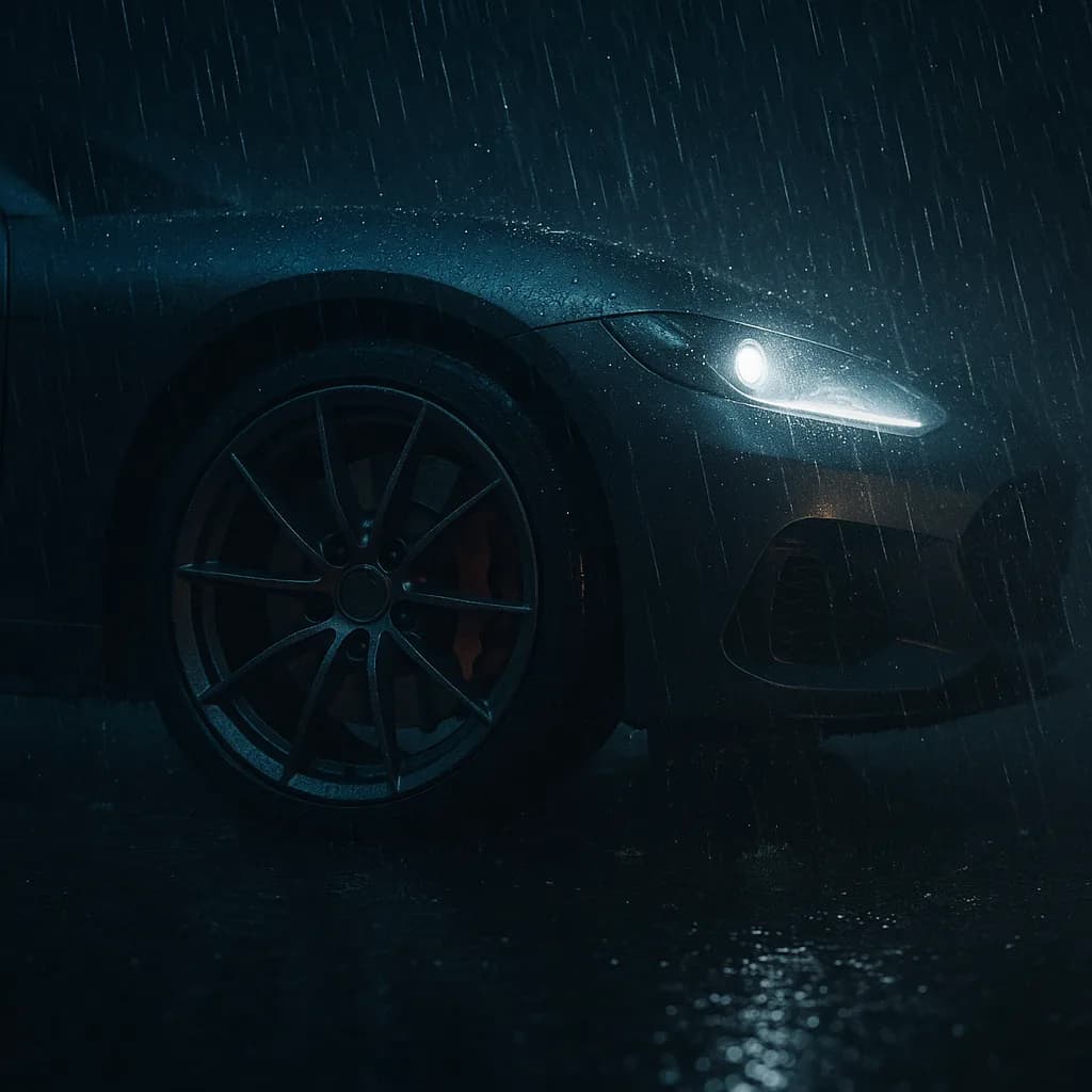 Luxury sports car with illuminated headlight in heavy rain at night, showing front wheel and sleek bodywork
