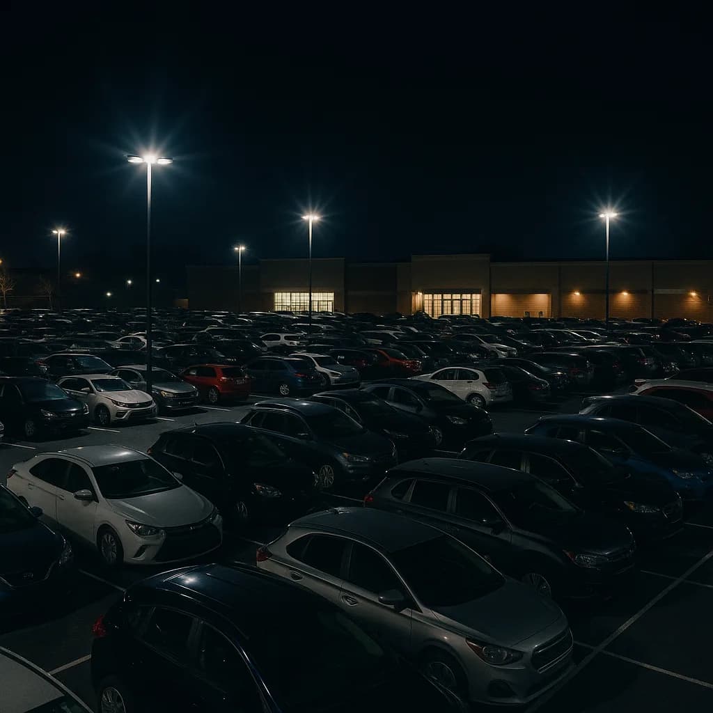 Crowded parking lot at night with tall streetlights and illuminated commercial building in background