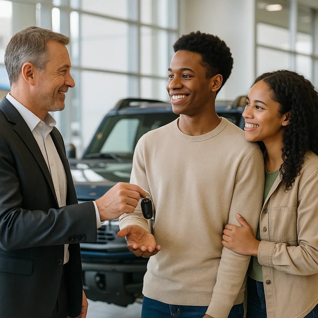 Car salesman handing keys to young couple at dealership showroom