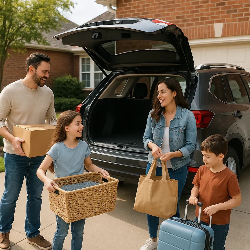 Family loading luggage and boxes into SUV trunk in front of suburban home