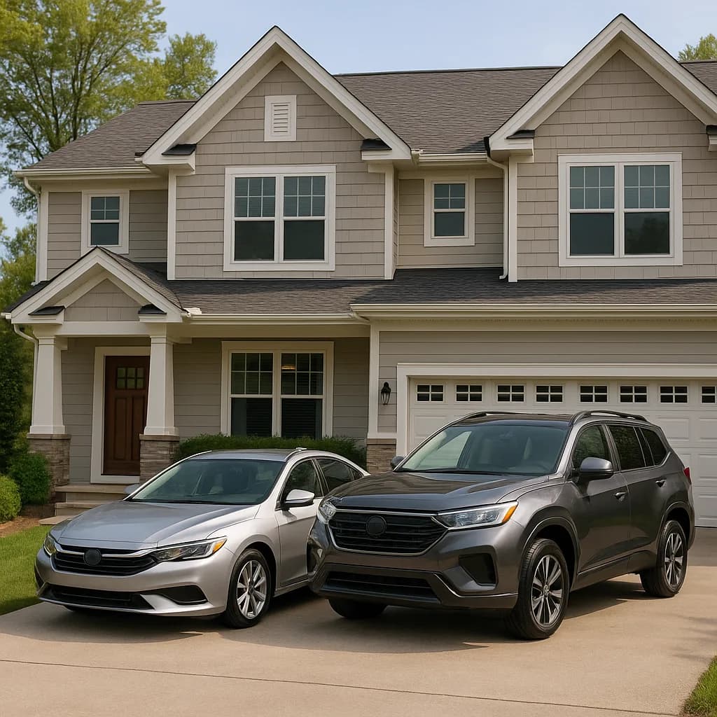 Two cars parked in driveway of modern two-story suburban home with gray siding and white garage door