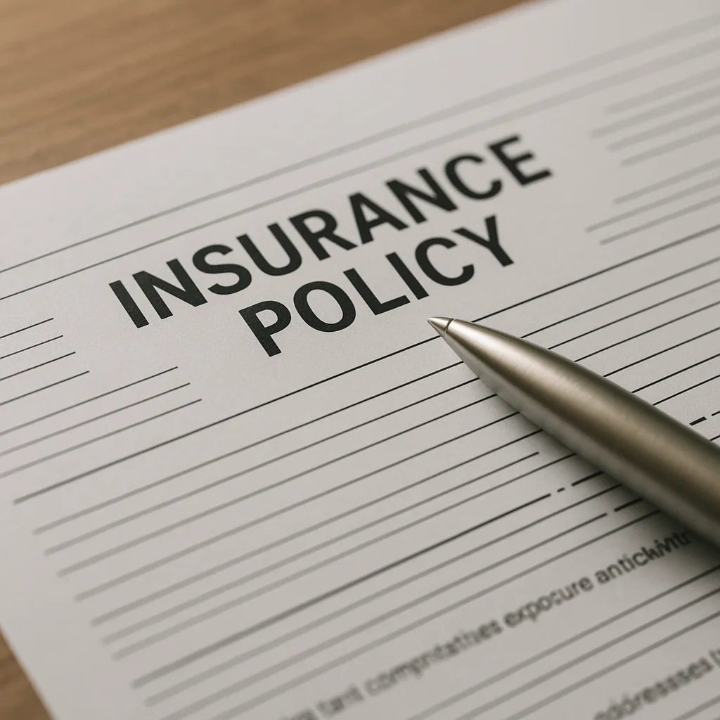 Insurance policy document with pen on wooden desk, ready for signing