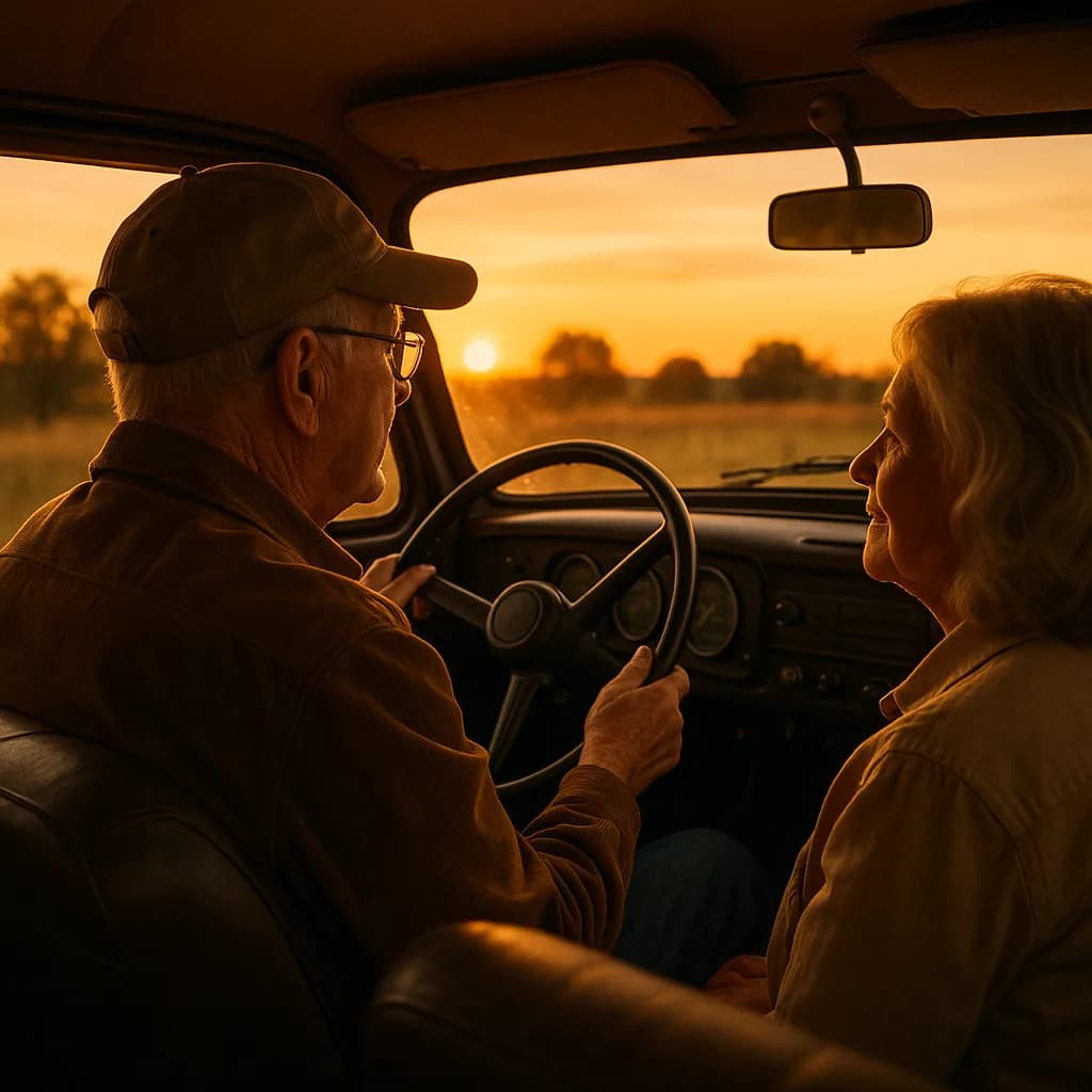 Elderly couple in vintage car at sunset, man driving while woman sits beside him in warm golden light