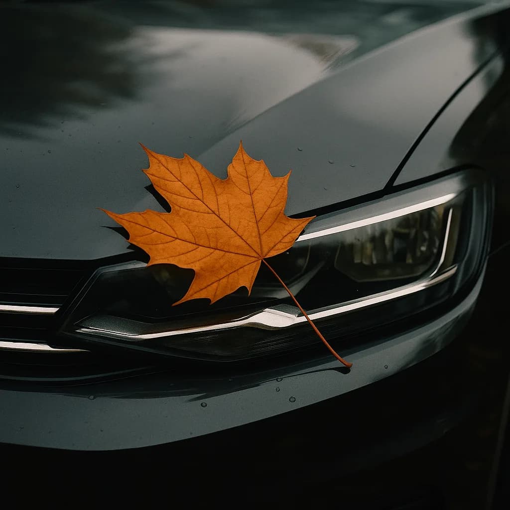 Orange maple leaf on dark car hood near headlight with water droplets