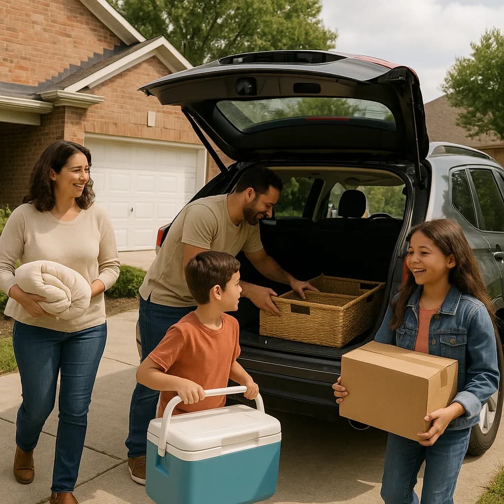 Family unpacking car trunk with children holding cooler and box in residential driveway