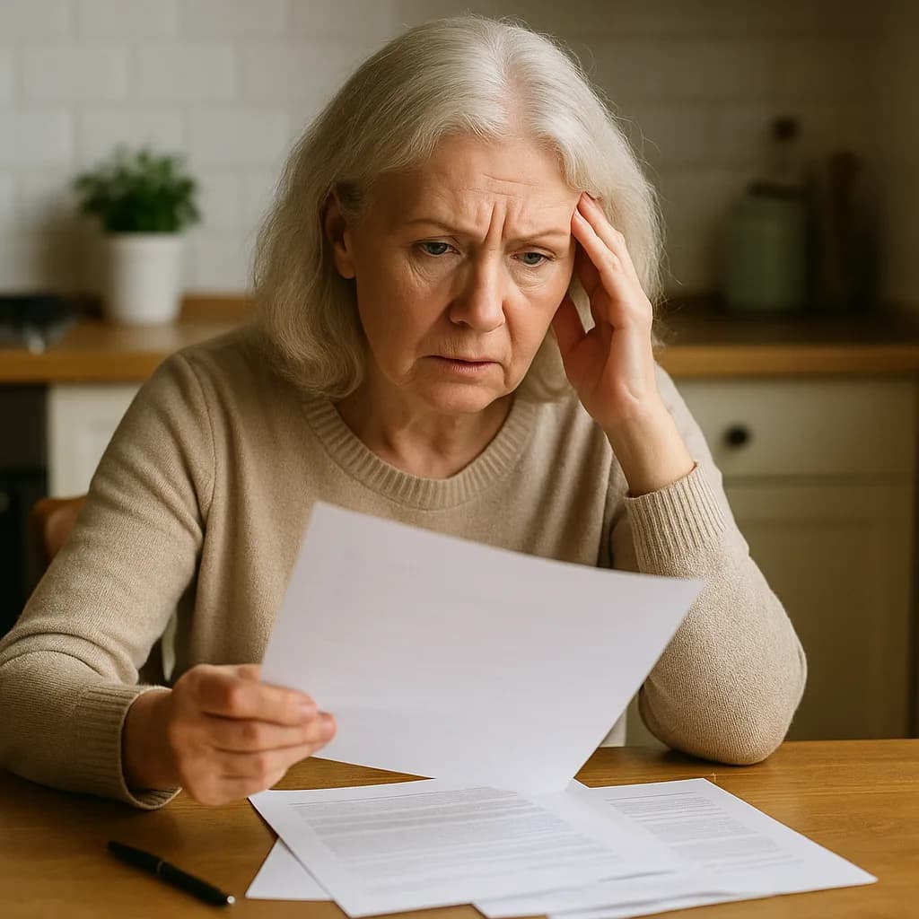 Worried senior woman reviewing documents at kitchen table with hand on forehead