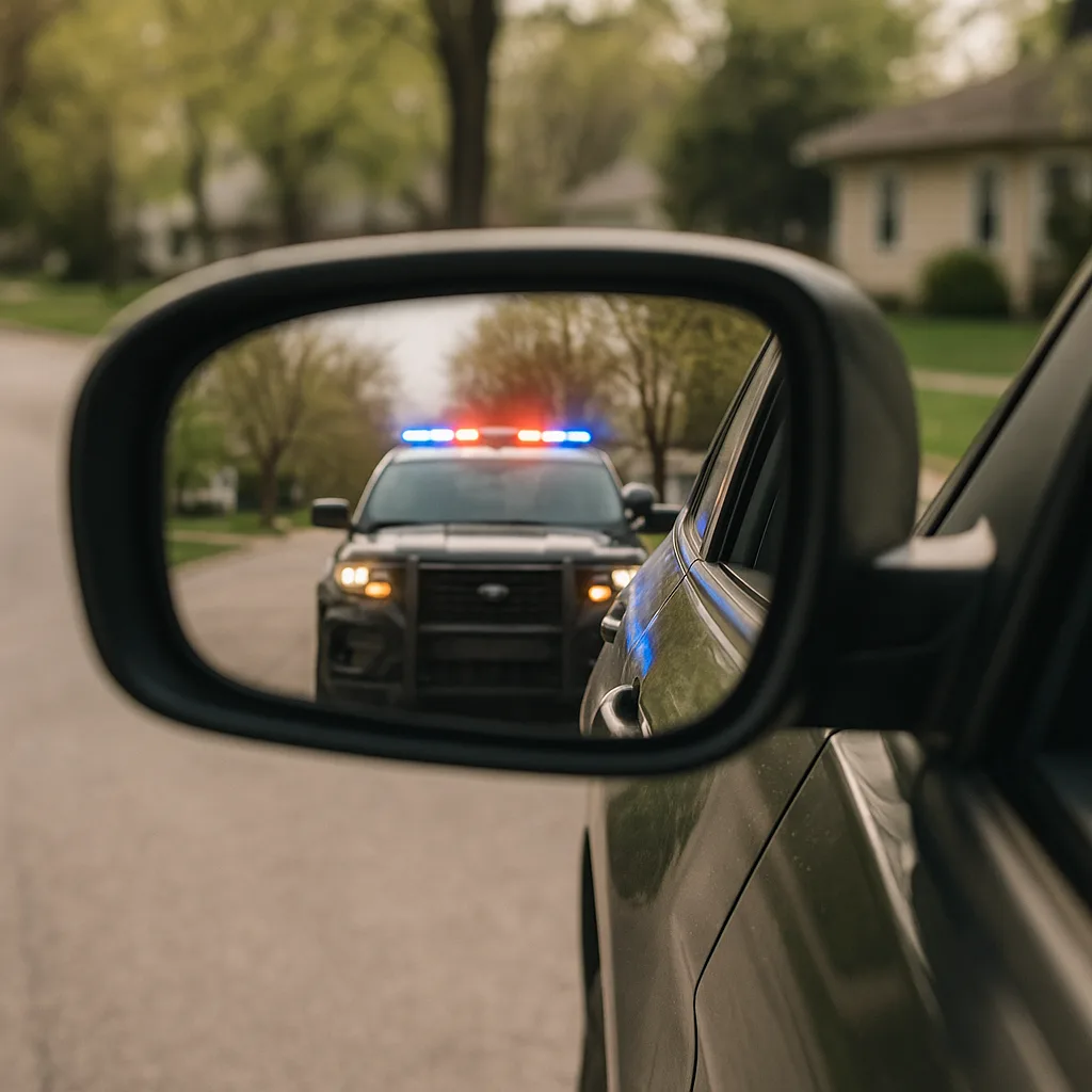 Police car with flashing lights reflected in driver's side mirror during traffic stop on residential street