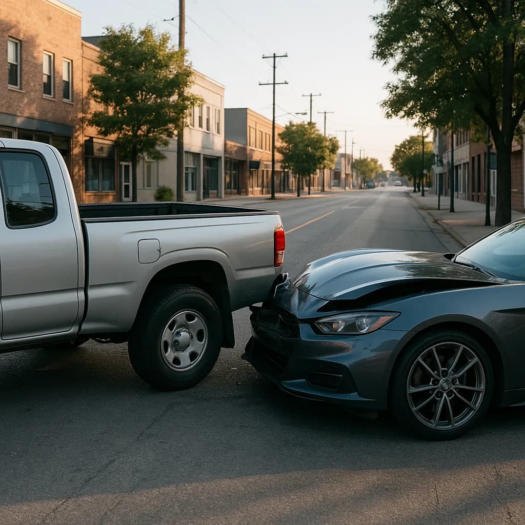 Car accident showing rear-end collision between silver truck and blue sedan on small town street