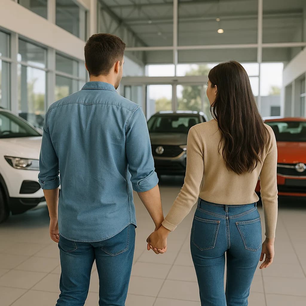 Couple holding hands walking through car dealership showroom viewing vehicles